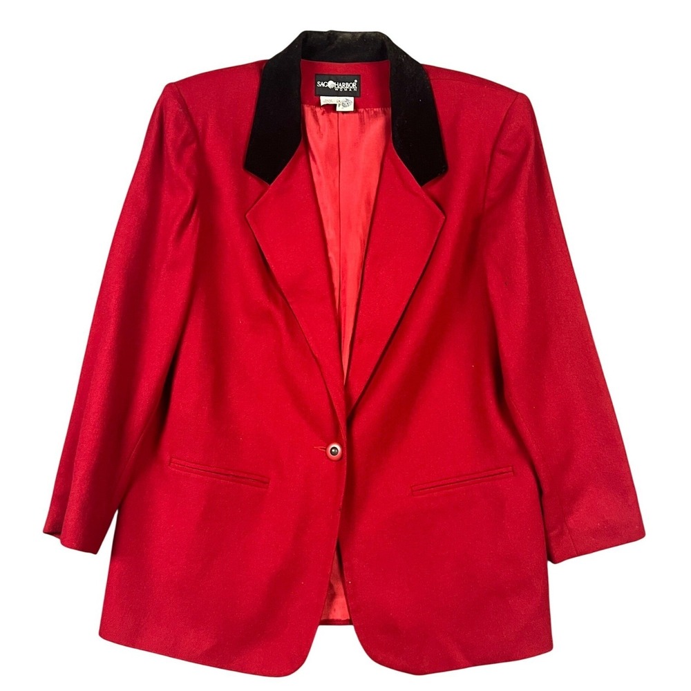 Vintage Sag Harbor Woman Red Wool Blazer Plus 16W Velvet Collar Holiday Jacket